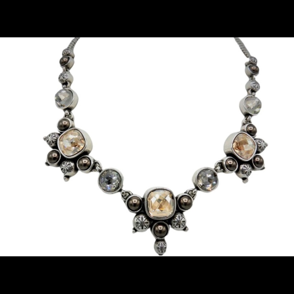 Selene Neutral Brighton Necklace Cabochon Pearls Yellow Clear Crystals Retired